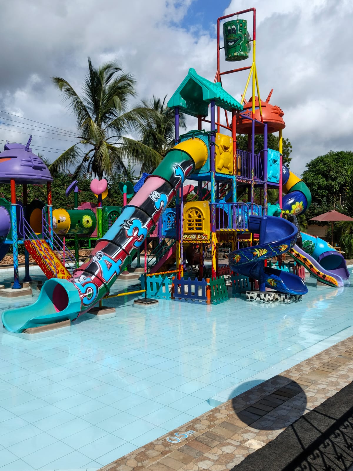 Wide view of the colorful water slides